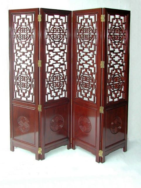 Chinese 4 panel rosewood screen with longlife openwork carving in solid rosewood.