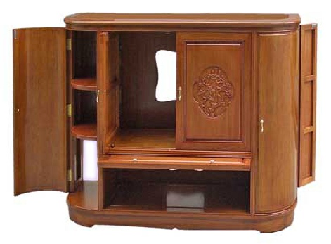 Bespoke rosewood TV audio cabinet with bird  and flower carvings -open.