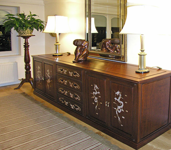 Rosewood cabinet with mother of pearl dragon inlays - custom made to customer specification.
