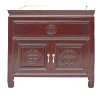 Chinese rosewood end cabinet with drawer and 2 doors, Longlife carving. Lamp table / cabinet in solid Chinese rosewood, handcrafted with Long life carvings.