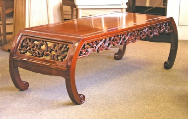 Chinese curved leg coffee table with bird & flower carving & scroll feet.