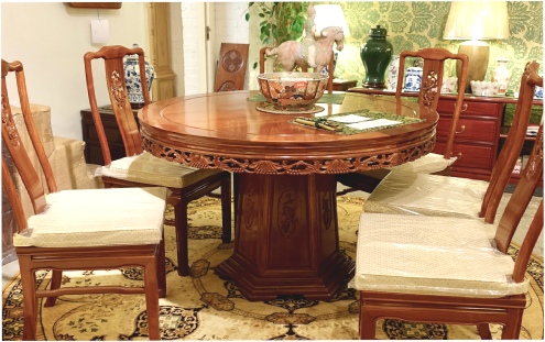 Chinese Dining Table with chairs - Round carved table standing on carved pedestal, 48 inch Grape design