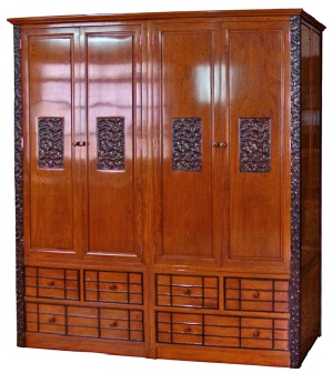 Rosewood double wardrobe with contrasting Reishi style carving