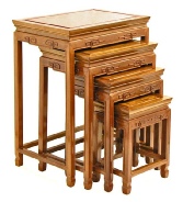 Chinese tables, rosewood set of 4 nesting tables with key design carving  Carved nest of 4 Chinese rosewood tables, choice of colours and other styles from Oriental Expression in special clearance sale.