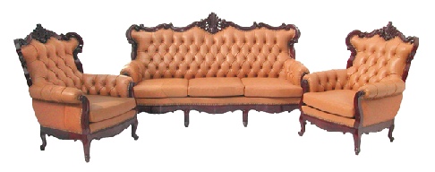 Queen Anne Leather and Rosewood Sofa set of 3 pcs