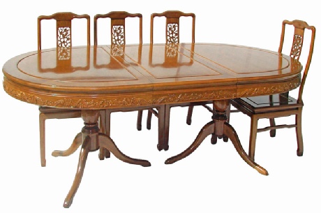 Rosewood oval dining table with 8 chairs on 2 pedestals  - bird & flower design