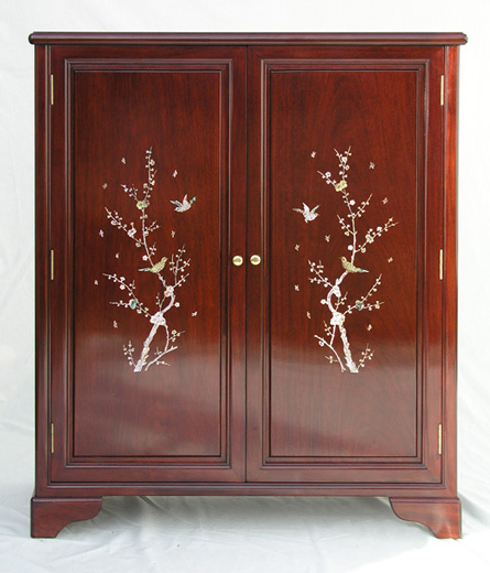 Chinese shoe cabinet with mother of pearl inlays, simple bird and flower design