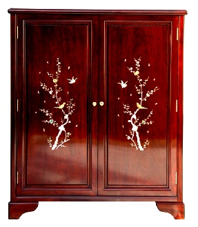 2 door redwood cabinet with Mother of pearl inlay, bird & flower design.