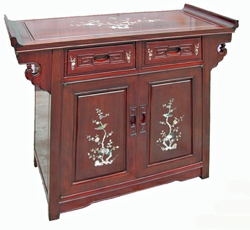 Oriental rosewood altar cabinet with mother of pearl inlays.