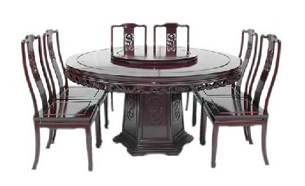 Mandarin Style, dragon design, round dining table. Incl 8 side chairs and 30” Lazy Susie.