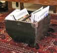 Antique farmers rice measure, useful for fruit bowl or vegetable storage, also an alternative magazine rack. Antique farmers rice measure, useful for fruit bowl or vegetable storage, also an alternative magazine rack.